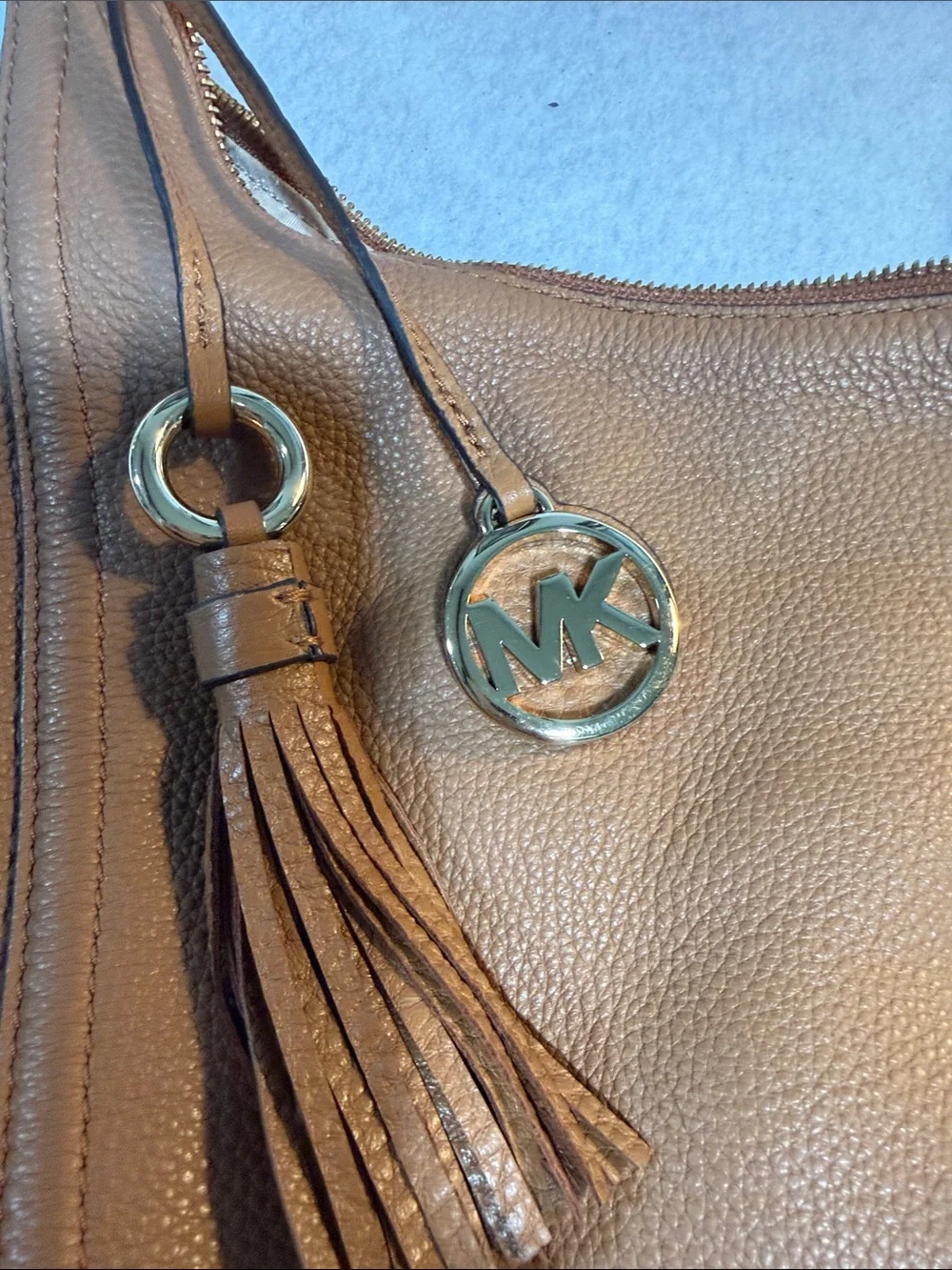 Michael Kors Tan Leather Hobo with Gold MK Charm